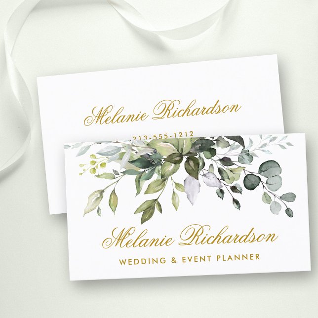 Elegant Watercolor Botanical Greenery Gold Business Card (Customize to change text size, color or text style.)
