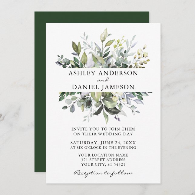 Elegant Watercolor Botanical Greenery Wedding Invitation (Front/Back)
