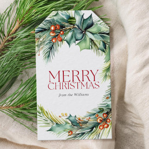 Elegant Watercolor Botanical Merry Christmas Gift Tags
