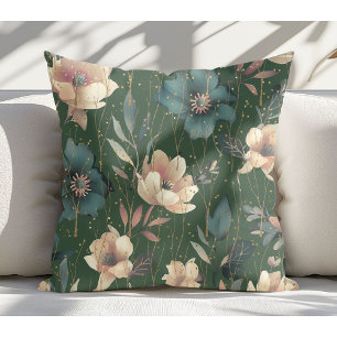 Elegant Watercolor Botanical Pattern Dark Green Cushion