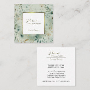 Elegant Watercolor Botanical Sage Green & Gold Square Business Card
