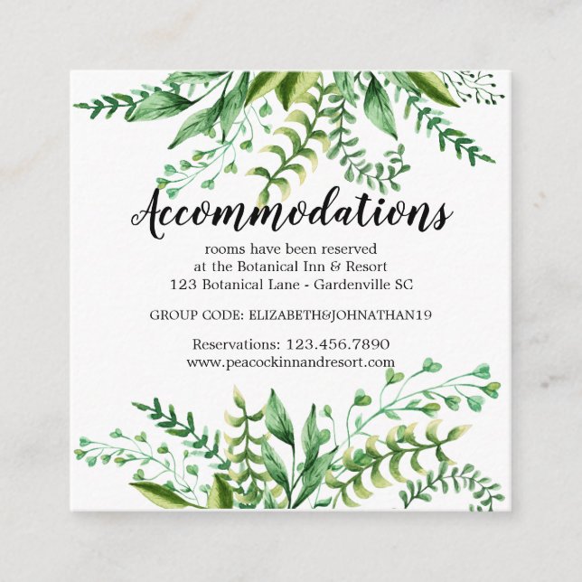 Elegant Watercolor Botanical Wedding Accommodation Enclosure Card (Front)