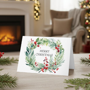Elegant Watercolor Botanical Wreath Christmas Card