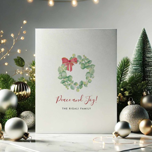 Elegant Watercolor Botanical Wreath Red Christmas Holiday Card (Watercolor Christmas cards minimalistic wreath art by Victoria Grigaliunas Do Tell A Belle)