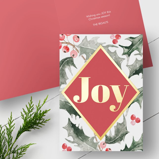 Elegant Watercolor Botanicals Christmas Foil Holiday Card (Christmas cards folded foil modern simple design with watercolor red berries and green holly)