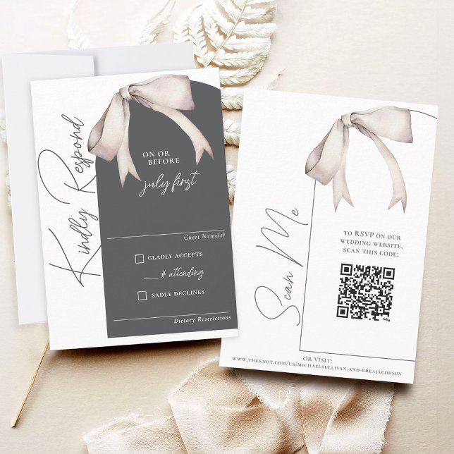 Elegant Watercolor Bow Modern Arch Wedding RSVP (Elegant modern floppy white watercolor coquette bow charcoal gray arch wedding QR code RSVP card)