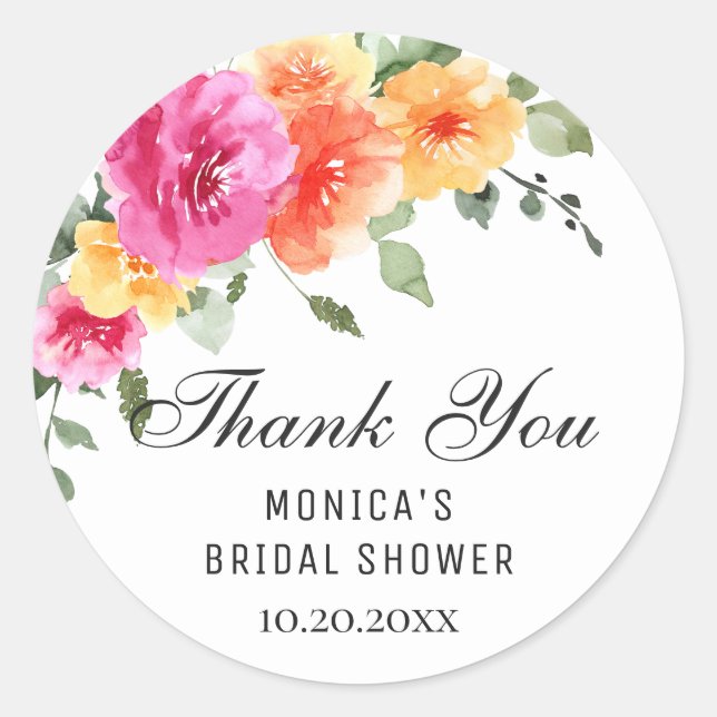 Elegant Watercolor Bright Flowers Bridal Shower Classic Round Sticker (Front)