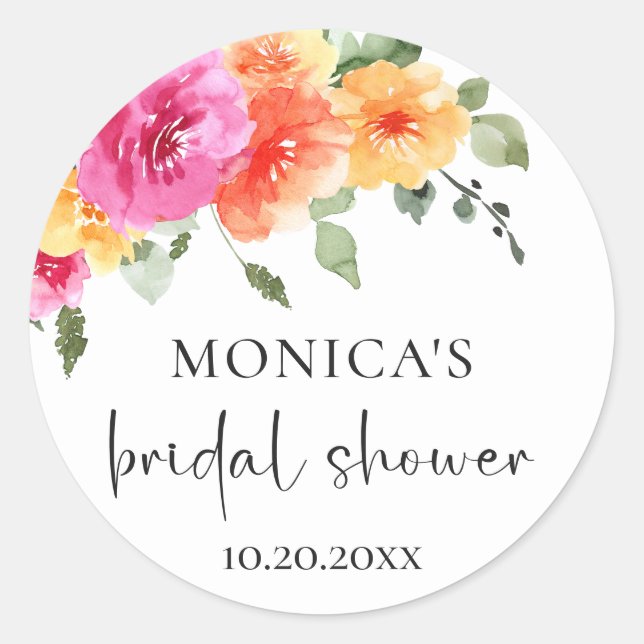 Elegant Watercolor Bright Flowers Bridal Shower Classic Round Sticker (Front)