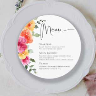 Elegant Watercolor Bright Flowers Wedding Dinner Menu
