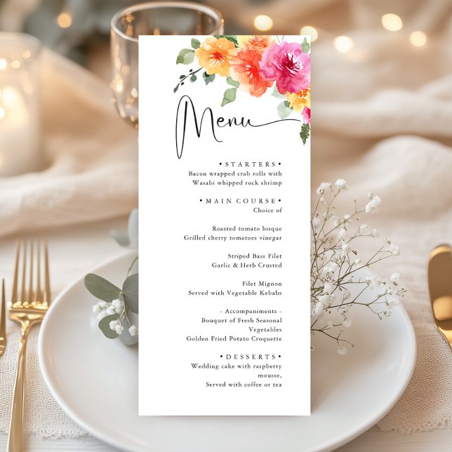 Elegant Watercolor Bright Flowers Wedding Dinner Menu (Creator Uploaded)
