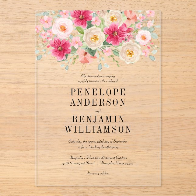 Elegant Watercolor Bright Pink Floral Wedding Acrylic Invitations (Front)