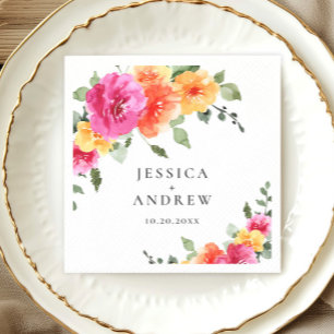 Elegant Watercolor Bright Pink Flower Wedding Napkin