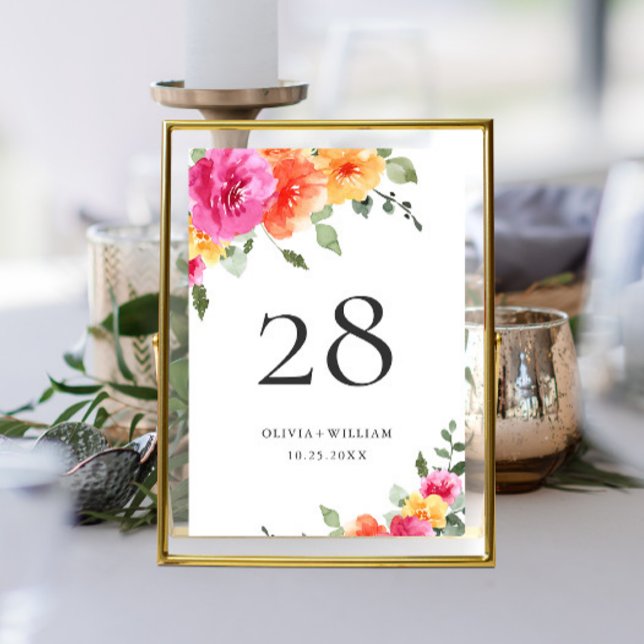 Elegant Watercolor Bright Pink Flowers Wedding Table Number (Creator Uploaded)