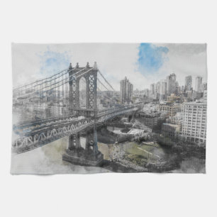 Elegant Watercolor Brooklyn Bridge Kitchen Towels