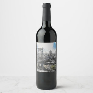 Elegant Watercolor Brooklyn Bridge NYC Square  Wine Label