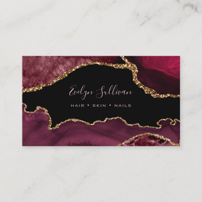 elegant watercolor burgundy agate on black business card (Front)