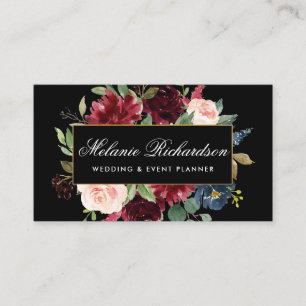 Elegant Watercolor Burgundy Black Gold Frame Business Card