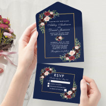 Elegant Watercolor Burgundy Blue Floral Wedding