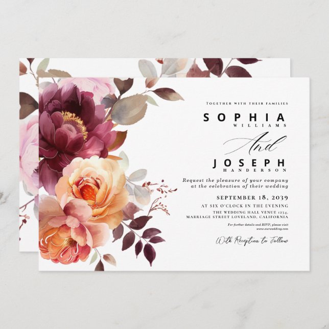 Elegant watercolor Burgundy Bouquet Floral Wedding Invitation (Front/Back)
