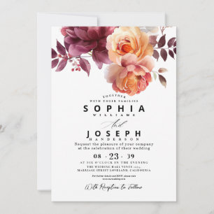Elegant watercolor Burgundy Bouquet Floral Wedding Invitation
