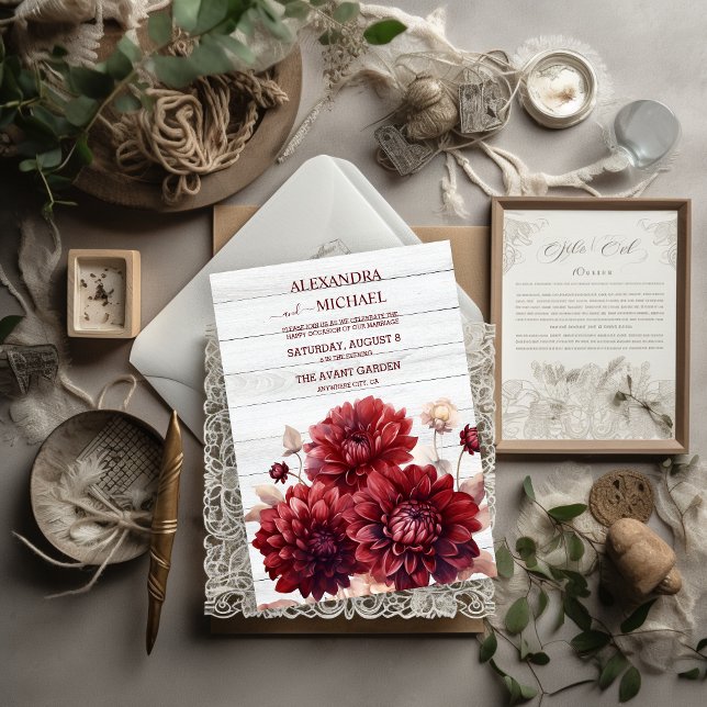 Elegant Watercolor Burgundy Dahlia Wedding Invitation (Creator Uploaded)