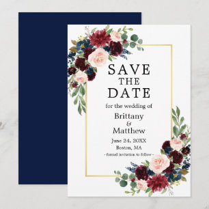 Elegant Watercolor Burgundy Floral Blue Gold Frame Save The Date
