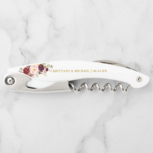 Elegant Watercolor Burgundy Floral Gold Wedding Corkscrew