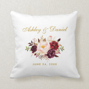 Elegant Watercolor Burgundy Floral Gold Wedding Cushion