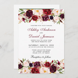 Elegant Watercolor Burgundy Floral Photo Wedding Invitation
