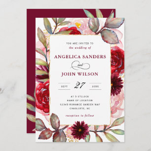Elegant Watercolor Burgundy Floral Rustic Wedding Invitation