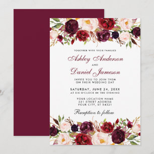Elegant Watercolor Burgundy Floral Wedding Invitation