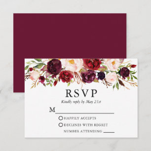 Elegant Watercolor Burgundy Floral Wedding RSVP Card