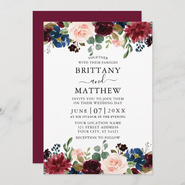 Elegant Watercolor Burgundy Mixed Floral Wedding Invitation (Front/Back)
