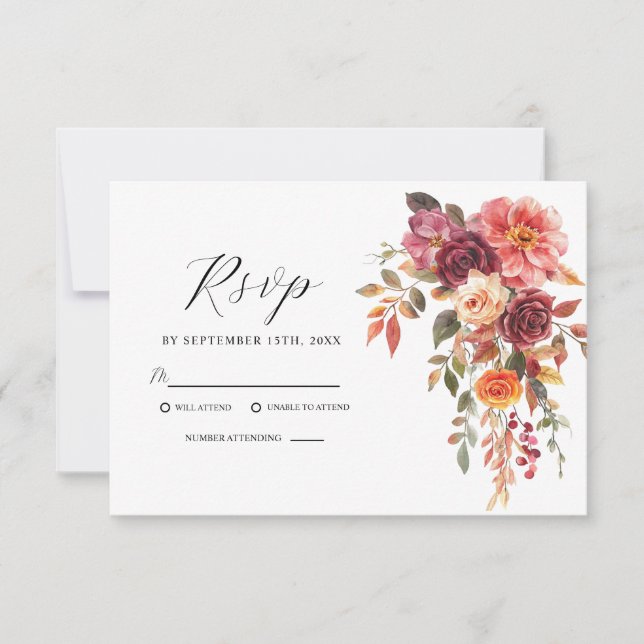 Elegant Watercolor Burgundy Orange Fall Wedding RSVP Card (Front)