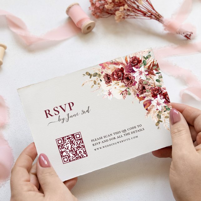 Elegant Watercolor Burgundy QR Code Wedding RSVP Card (Creator Uploaded)