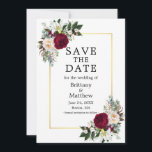 Elegant Watercolor Burgundy White Floral Gold Save The Date<br><div class="desc">Modern Elegant Watercolor Burgundy Floral Engagement Wedding Announcement Save The Date Card includes peonies,  lilies,  eucalyptus leaves and other beautiful greenery on a gold frame.</div>