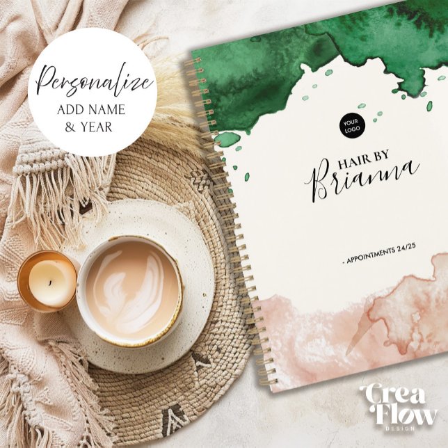 Elegant Watercolor Business Appointment Booking Planner (Elegant Business appointment book with Green and Blush pink watercolor front and back cover)