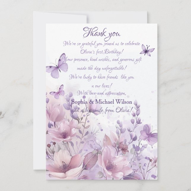 Elegant Watercolor Butterfly First Birthday Thank You Card (Front)