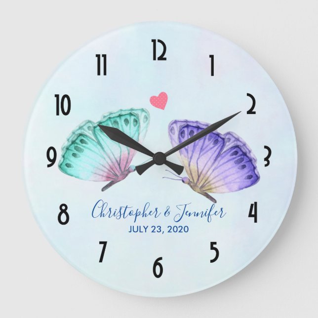 Elegant Watercolor Butterfly Pair Wedding Large Clock (Front)