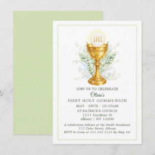 Elegant Watercolor Chalice First Holy Communion Invitation