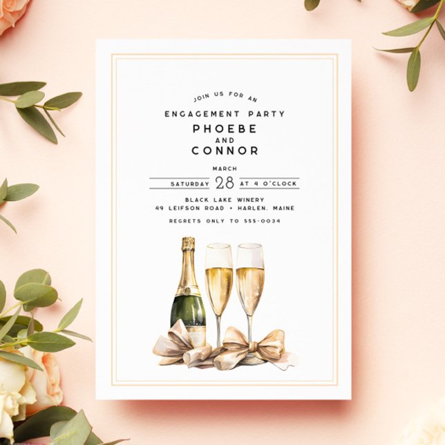 Elegant Watercolor Champagne Bow Engagement Party Invitation (Creator Uploaded)
