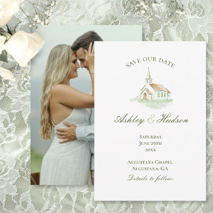 Elegant Watercolor Chapel Photo Save the Date