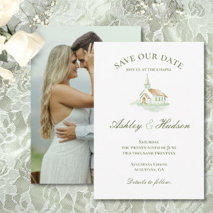 Elegant Watercolor Chapel Photo Save the Date