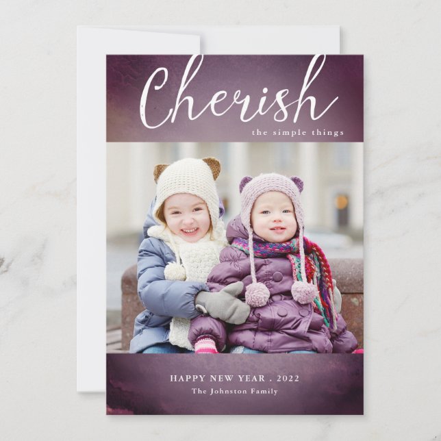 Elegant Watercolor Cherish New Year Photo Holiday Card (Front)