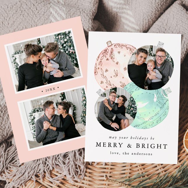 Elegant Watercolor Christmas Baubles 4 Photo Holiday Card (Creator Uploaded)