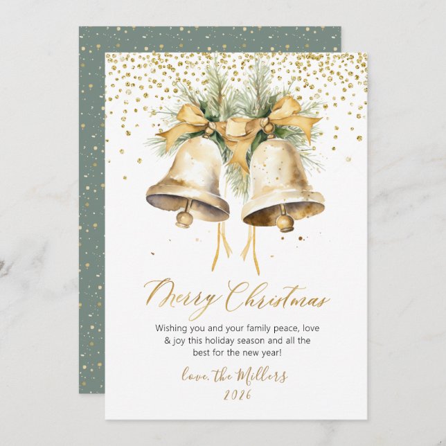 Elegant Watercolor Christmas Bells Gold Glitter Holiday Card (Front/Back)