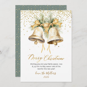 Elegant Watercolor Christmas Bells Gold Glitter Holiday Card