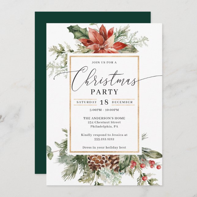 Elegant Watercolor Christmas Christmas Party Invitation (Front/Back)