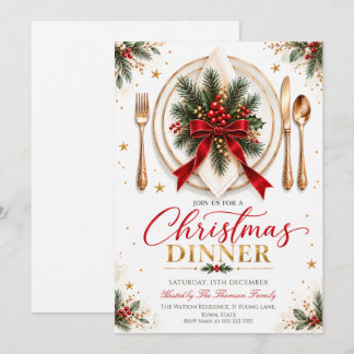 Elegant Watercolor Christmas Dinner Gold Botanical Invitation