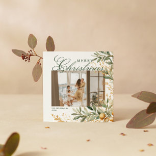 Elegant Watercolor Christmas Greenery Custom Photo Holiday Card